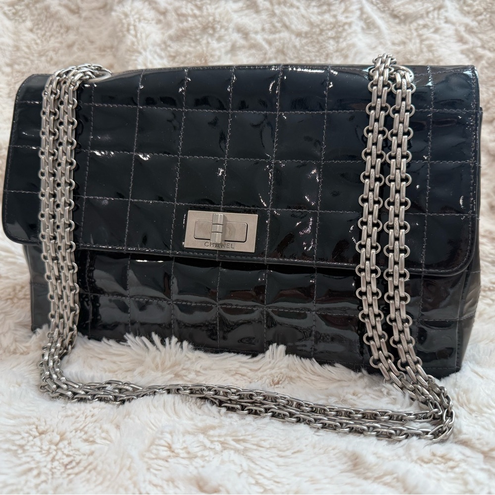 Chanel Chocolate Bar Flap Bag — Black Patent, Silver Hardware, 2000–2002, Medium